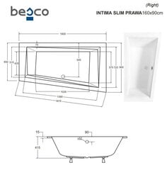 Kylpyamme Besco Intima Slim, 160x90 cm, oikeakätinen hinta ja tiedot | Kylpyammeet | hobbyhall.fi