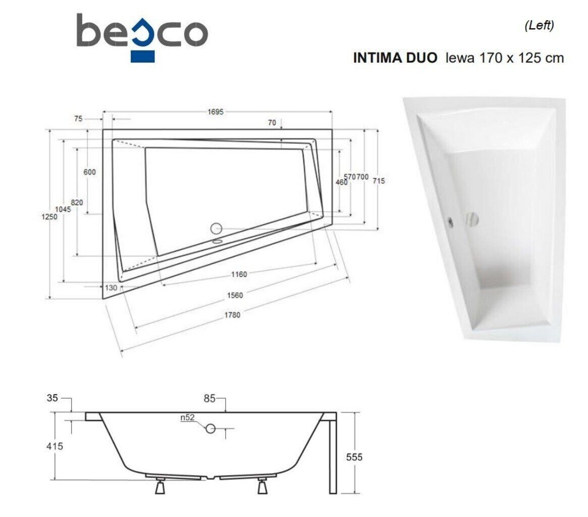 Kylpyamme Besco Intima Duo, 170x125 cm, vasenkätinen hinta ja tiedot | Kylpyammeet | hobbyhall.fi