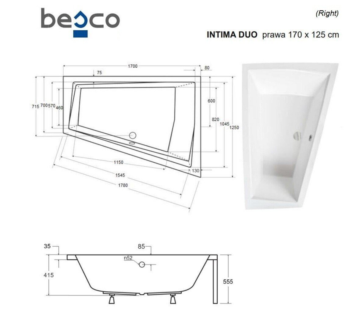 Kylpyamme Besco Intima Duo, 170x125 cm, oikeakätinen hinta ja tiedot | Kylpyammeet | hobbyhall.fi