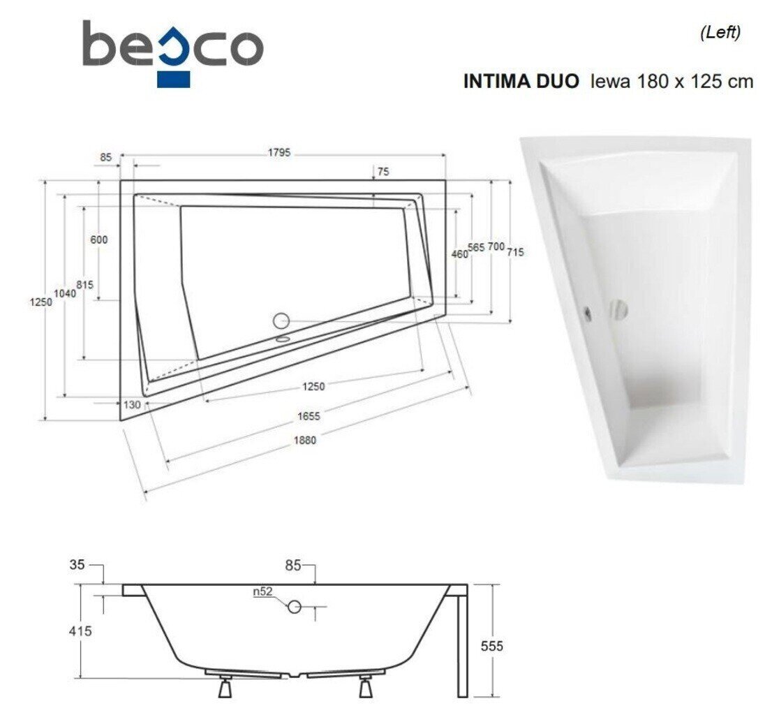 Kylpyamme Besco Intima Duo, 180x125 cm, vasenkätinen hinta ja tiedot | Kylpyammeet | hobbyhall.fi