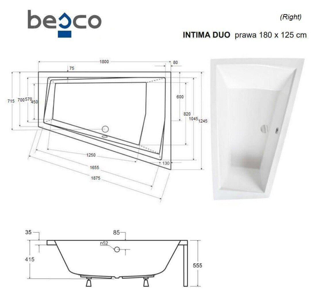 Kylpyamme Besco Intima Duo, 180x125 cm, oikeakätinen hinta ja tiedot | Kylpyammeet | hobbyhall.fi