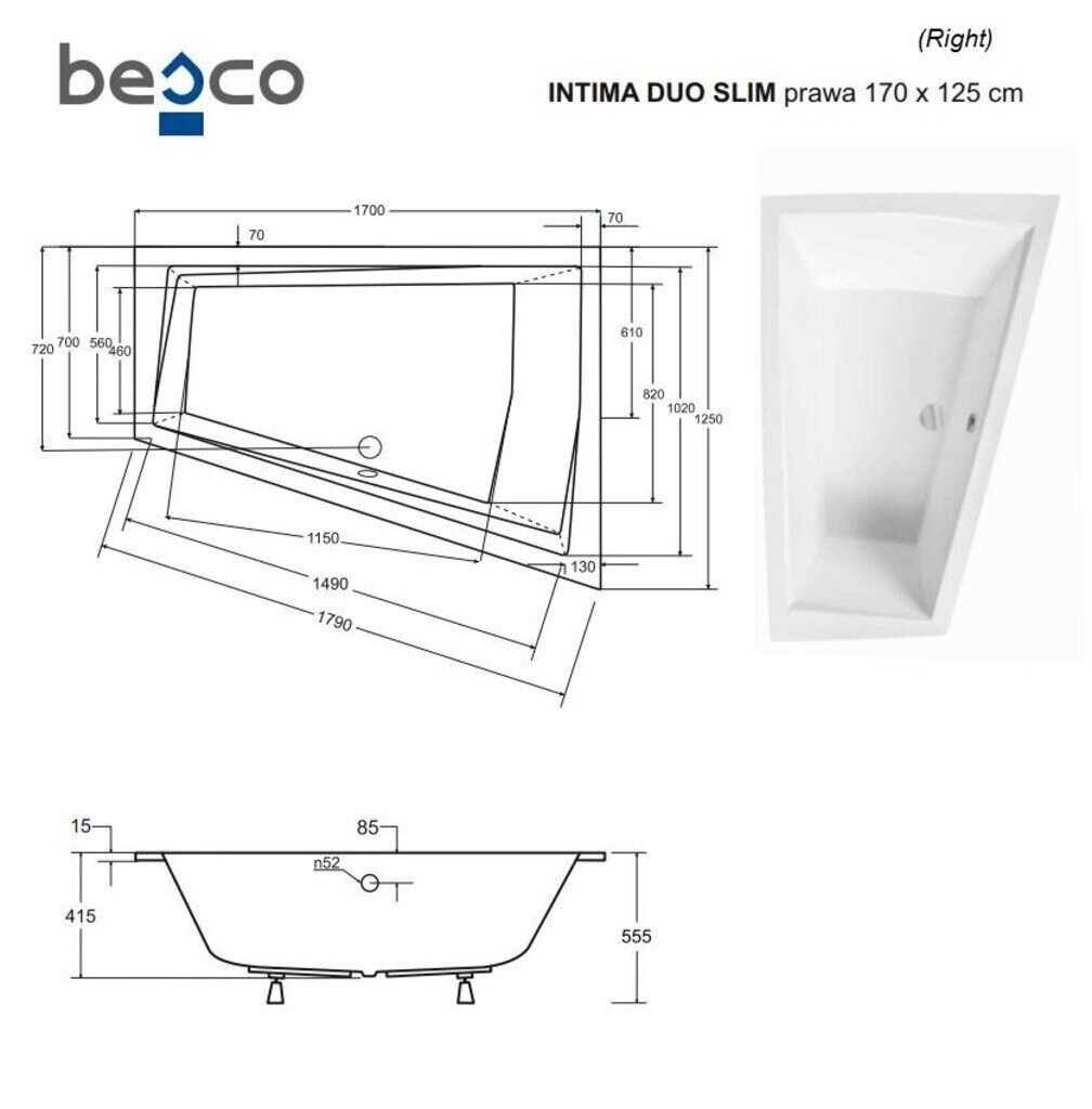 Kylpyamme Besco Intima Duo Slim, 170x125 cm, oikeakätinen hinta ja tiedot | Kylpyammeet | hobbyhall.fi