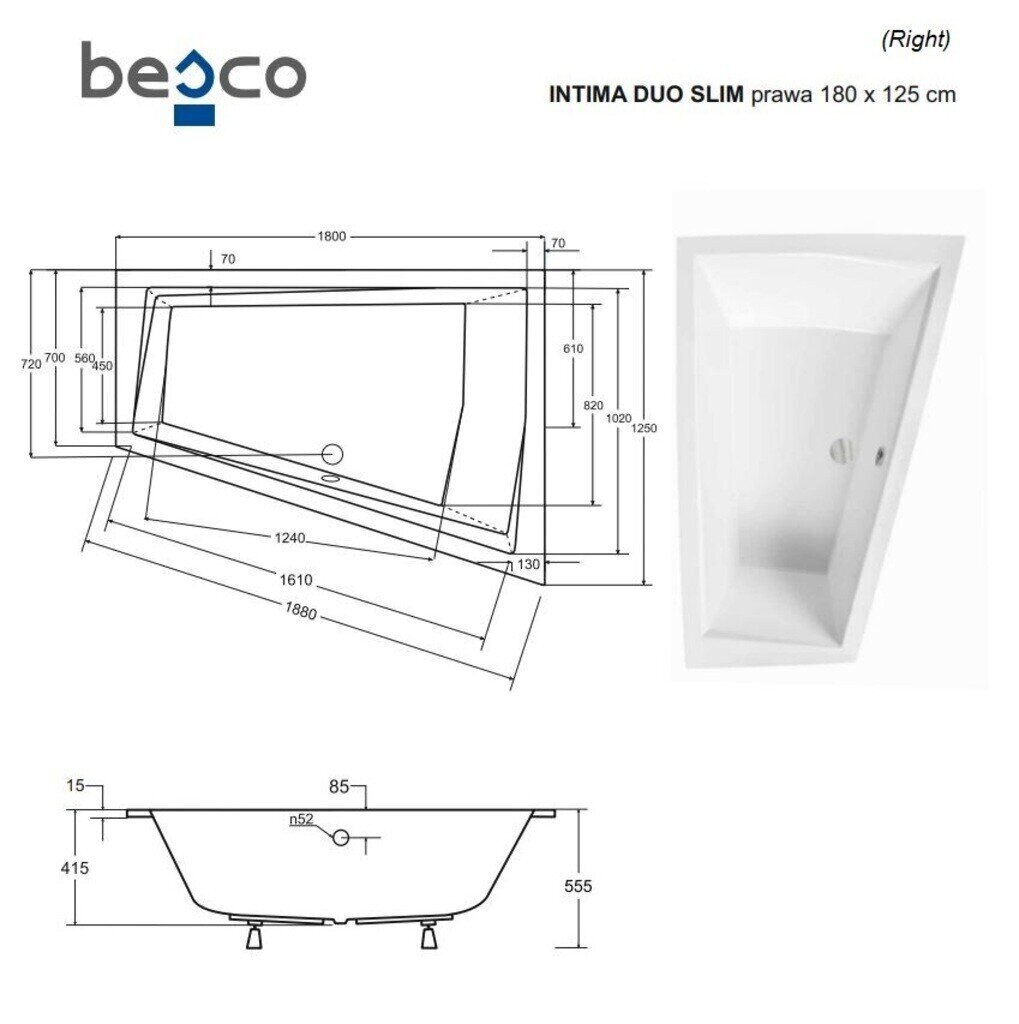 Kylpyamme Besco Intima Duo Slim, 180x125 cm, oikeakätinen hinta ja tiedot | Kylpyammeet | hobbyhall.fi