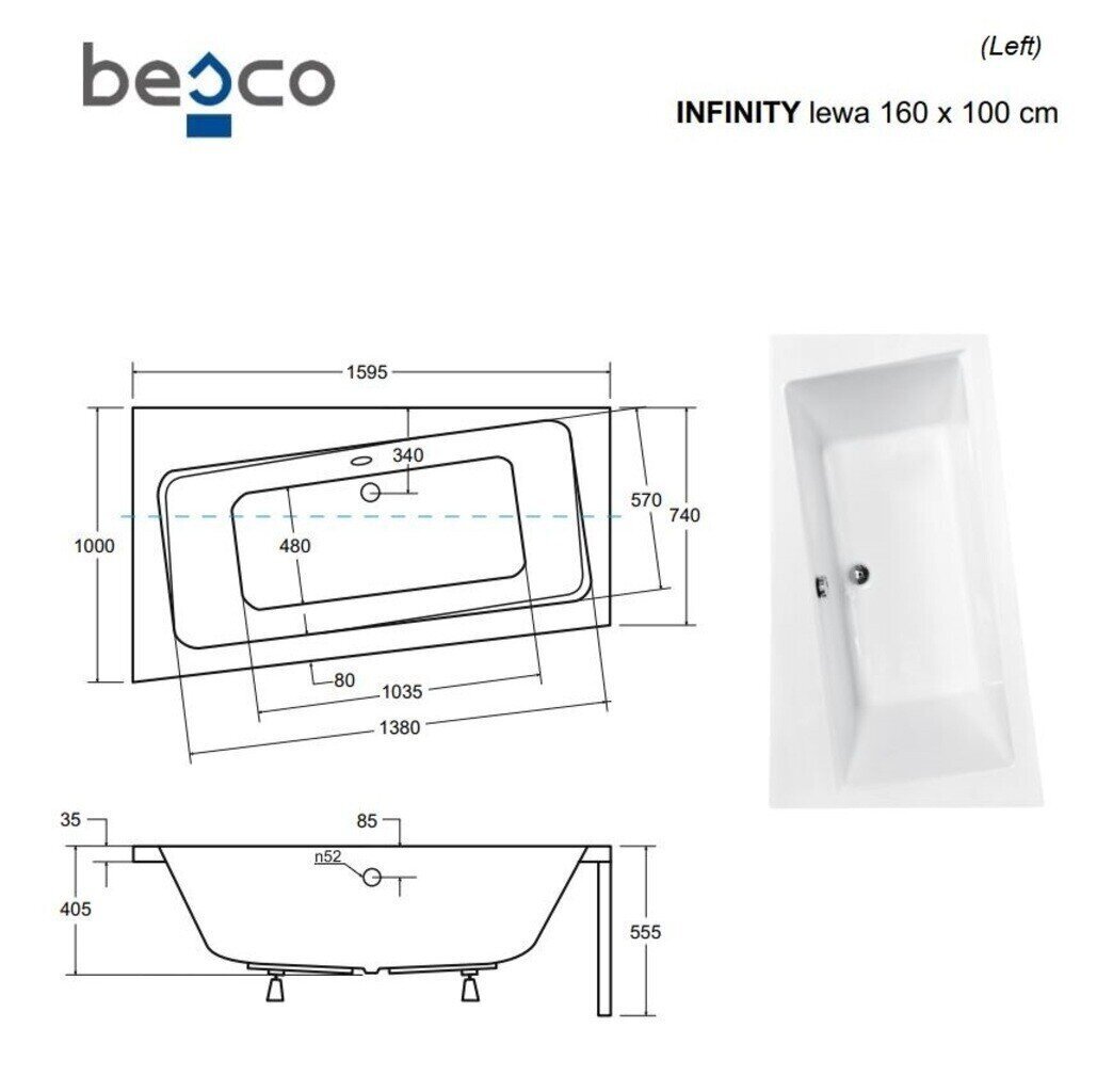 Vonia Besco Infinity, 160x100 cm, vasenkätinen hinta ja tiedot | Kylpyammeet | hobbyhall.fi