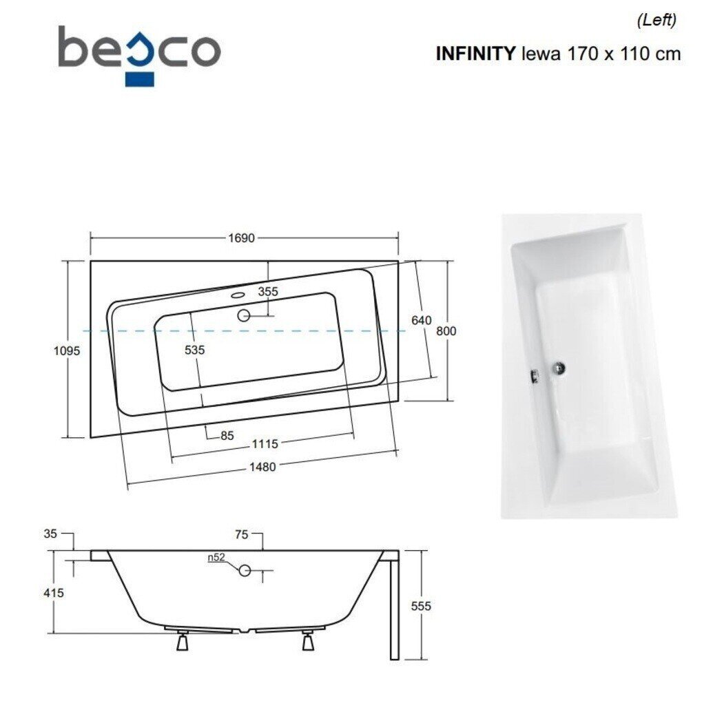 Vonia Besco Infinity, 170x110 cm, vasenkätinen hinta ja tiedot | Kylpyammeet | hobbyhall.fi