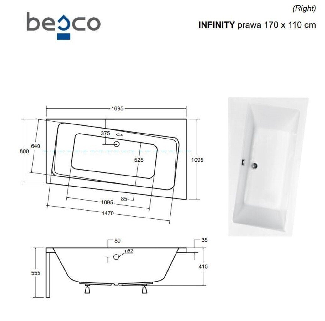 Kylpyamme Besco Infinity, 170x110 cm, oikeakätinen hinta ja tiedot | Kylpyammeet | hobbyhall.fi