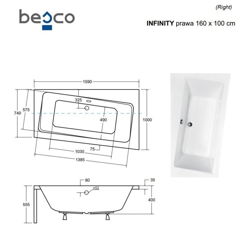 Kylpyamme Besco Infinity viimeistelyllä, 160x100 cm, oikeakätinen hinta ja tiedot | Kylpyammeet | hobbyhall.fi