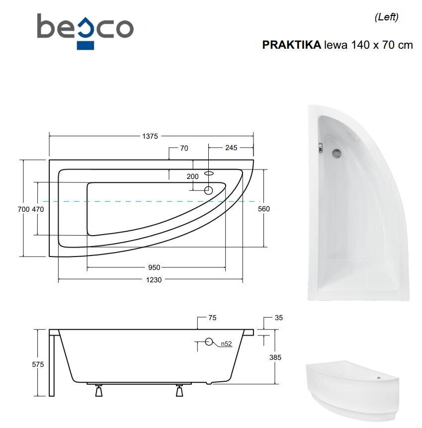 Vonia Besco Praktika, 140x70 cm, vasenkätinen hinta ja tiedot | Kylpyammeet | hobbyhall.fi