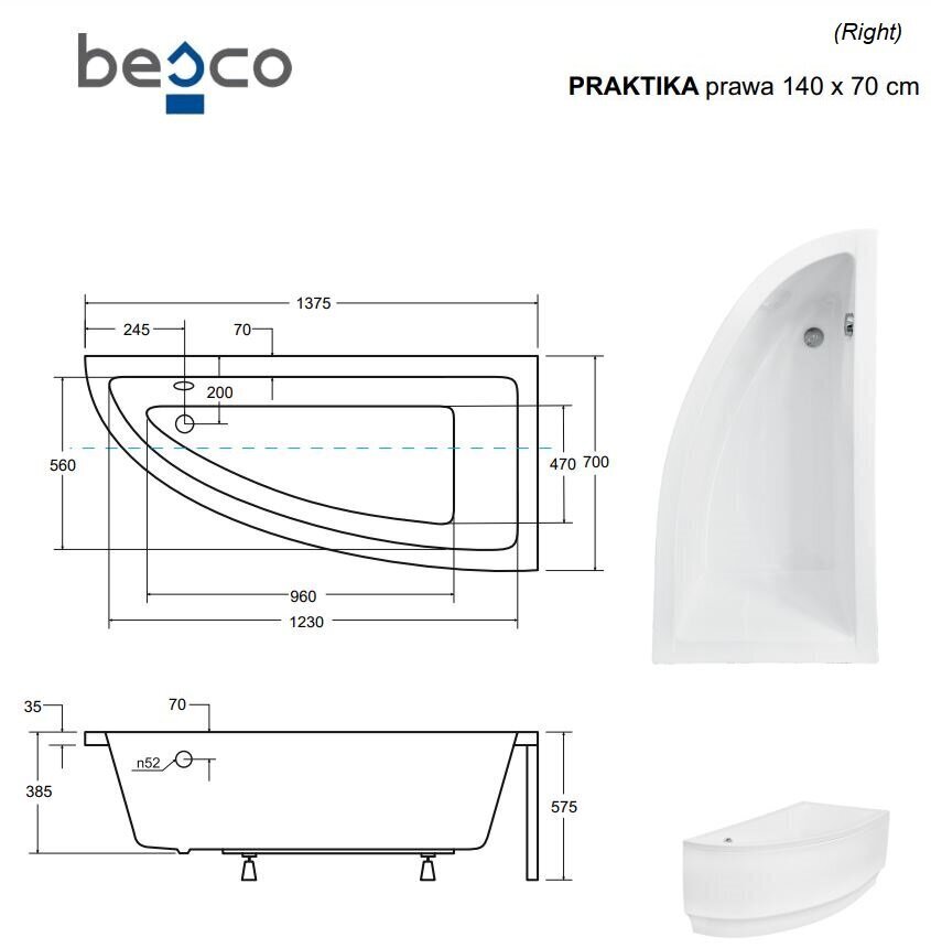 Kylpyamme Besco Praktika, 140x70 cm, oikeakätinen hinta ja tiedot | Kylpyammeet | hobbyhall.fi