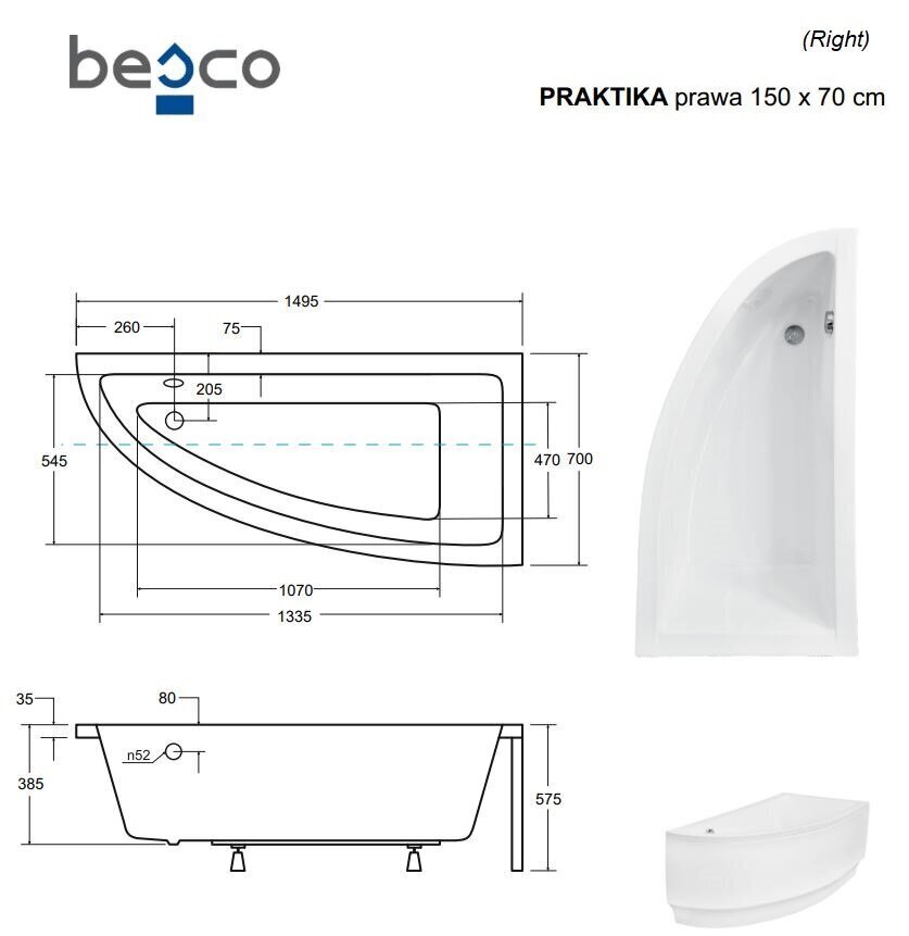 Kylpyamme Besco Praktika, 150x70 cm, oikeakätinen hinta ja tiedot | Kylpyammeet | hobbyhall.fi