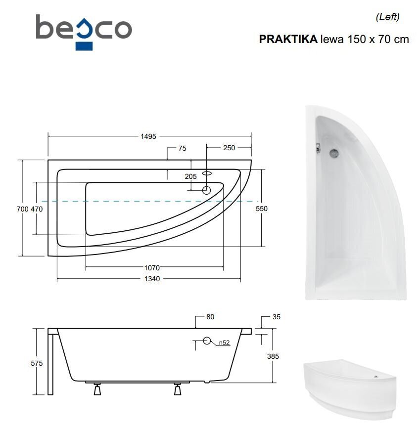 Kylpyamme Besco Praktika viimeistelyllä, 150x70 cm, vasenkätinen hinta ja tiedot | Kylpyammeet | hobbyhall.fi