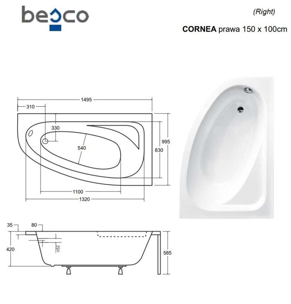 Kylpyamme Besco Cornea Comfort, 150x100 cm, oikeakätinen hinta ja tiedot | Kylpyammeet | hobbyhall.fi