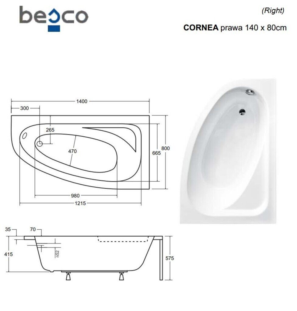 Kylpyamme Besco Cornea viimeistelyllä, 140x80 cm, oikeakätinen hinta ja tiedot | Kylpyammeet | hobbyhall.fi