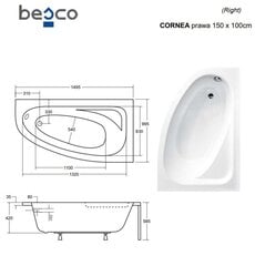 Vonia Besco Cornea Comfort su apdaila, 150x100 cm, oikeakätinen hinta ja tiedot | Kylpyammeet | hobbyhall.fi