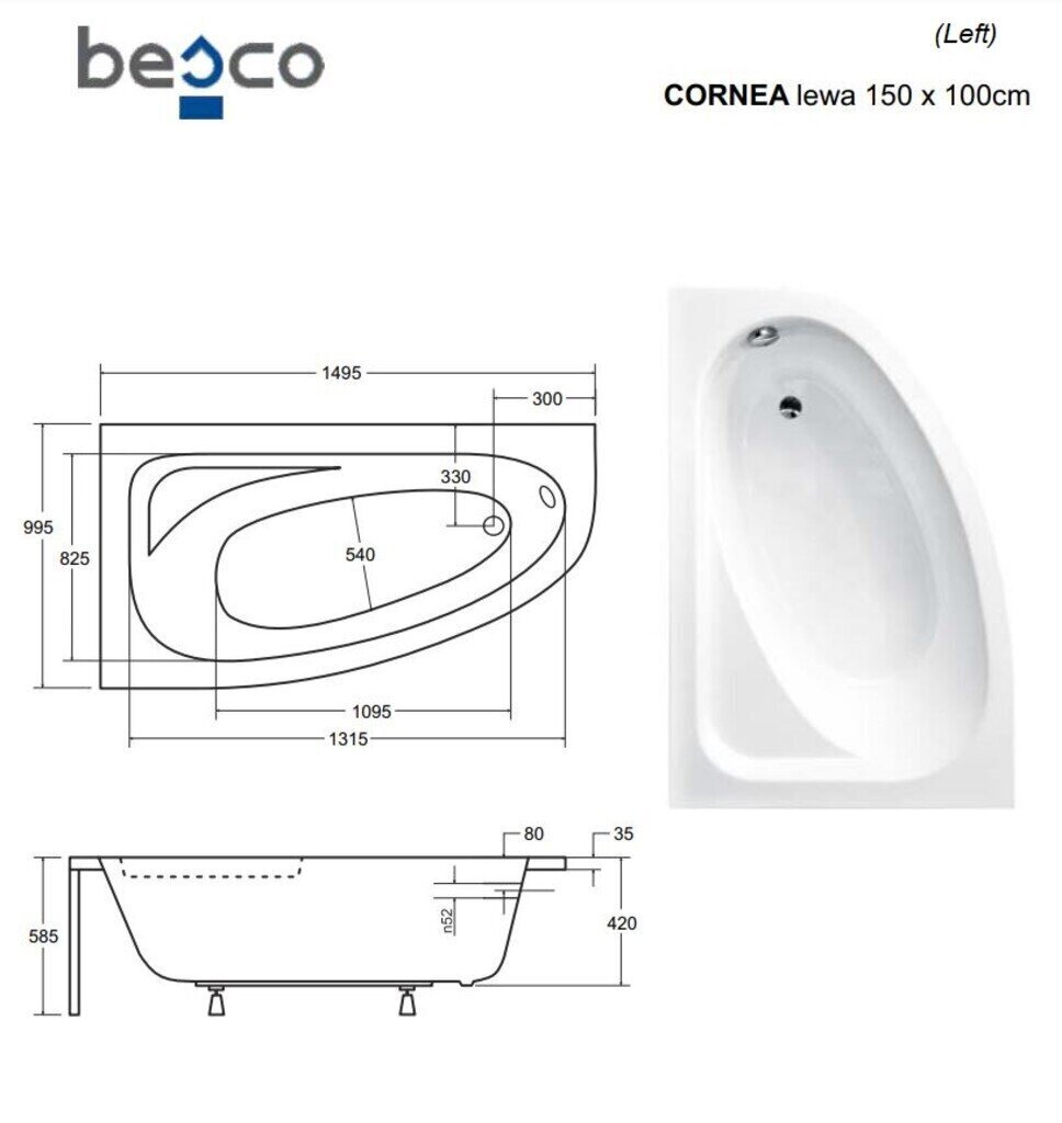 Kylpyamme Besco Cornea Comfort viimeistelyllä, 150x100 cm, vasenkätinen hinta ja tiedot | Kylpyammeet | hobbyhall.fi