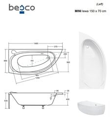 Vonia Besco Mini, 150x70 cm, vasenkätinen hinta ja tiedot | Kylpyammeet | hobbyhall.fi