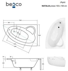 Kylpyamme Besco Natalia mustalla viimeistelyllä, 150x100 cm, oikeakätinen hinta ja tiedot | Kylpyammeet | hobbyhall.fi