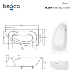 Kylpyamme Besco Milena Premium kahvoilla ja tyynyllä, 150x70 cm, oikeakätinen hinta ja tiedot | Kylpyammeet | hobbyhall.fi