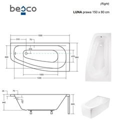 Kylpyamme Besco Luna, 150x80 cm, oikeakätinen hinta ja tiedot | Kylpyammeet | hobbyhall.fi