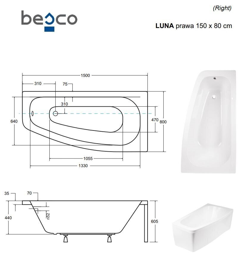 Kylpyamme Besco Luna, 150x80 cm, oikeakätinen hinta ja tiedot | Kylpyammeet | hobbyhall.fi