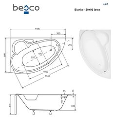 Kylpyamme Besco Bianka, 150x95 cm, vasenkätinen hinta ja tiedot | Kylpyammeet | hobbyhall.fi