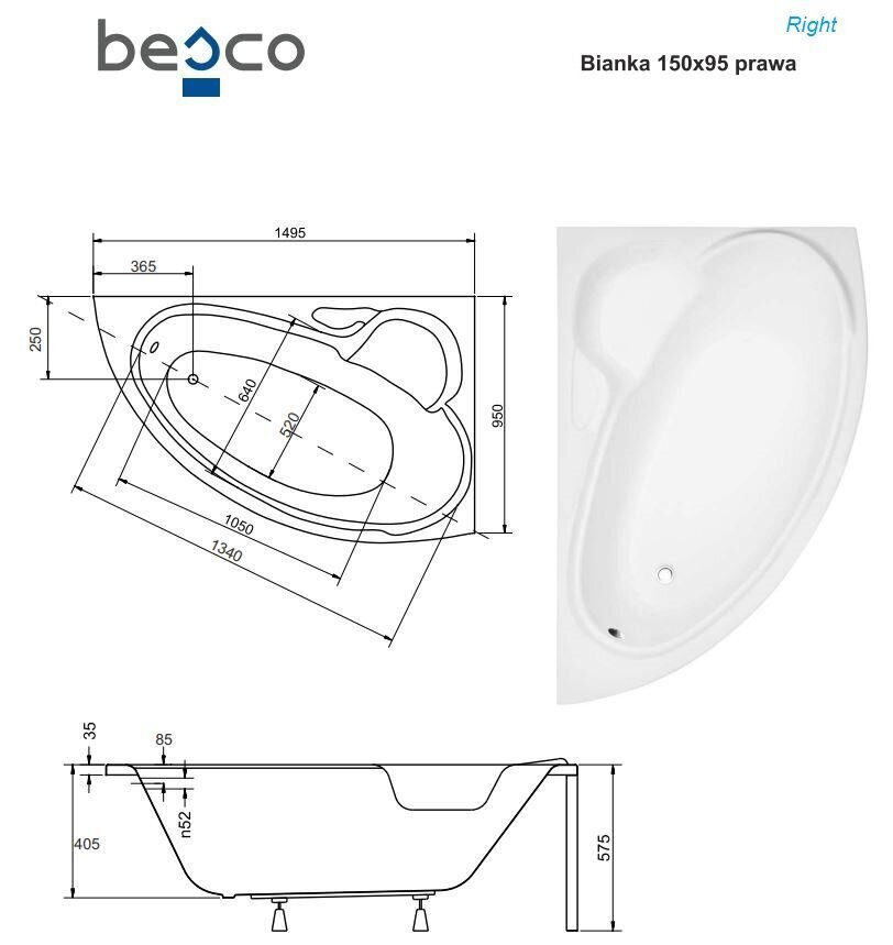 Kylpyamme Besco Bianka viimeistelyllä, 150x95 cm, oikeakätinen hinta ja tiedot | Kylpyammeet | hobbyhall.fi