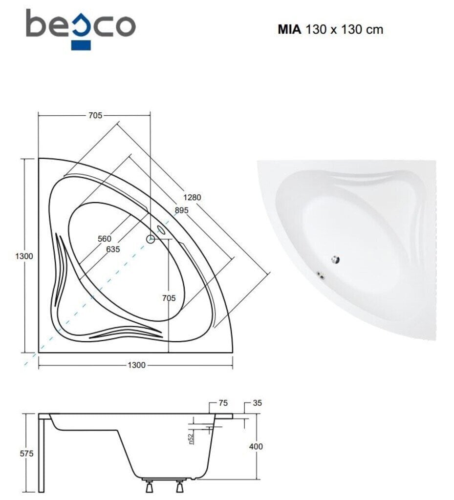 Kylpyamme Besco Mia, 130x130 cm hinta ja tiedot | Kylpyammeet | hobbyhall.fi