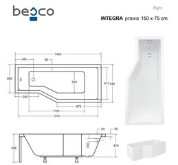 Kylpyamme Besco Integra, 150x75 cm, oikeakätinen hinta ja tiedot | Kylpyammeet | hobbyhall.fi