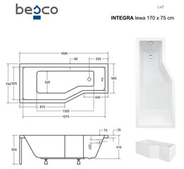 Kylpyamme Besco Integra, 170x75 cm, vasenkätinen hinta ja tiedot | Kylpyammeet | hobbyhall.fi