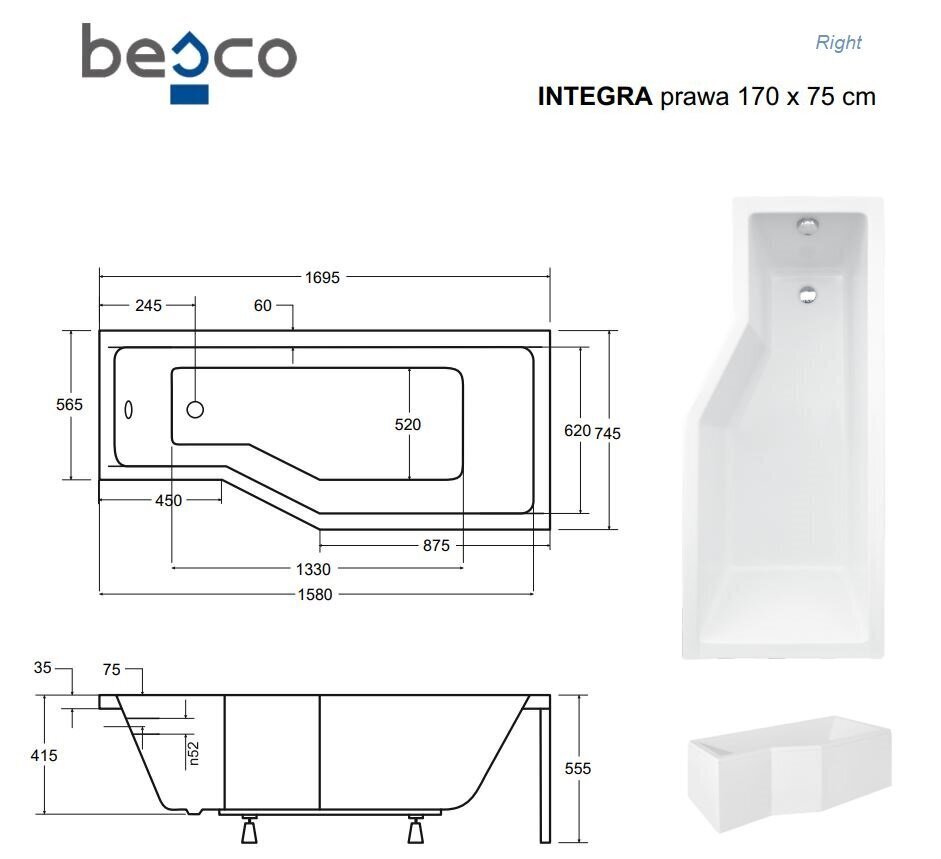 Kylpyamme Besco Integra, 170x75 cm, oikeakätinen hinta ja tiedot | Kylpyammeet | hobbyhall.fi