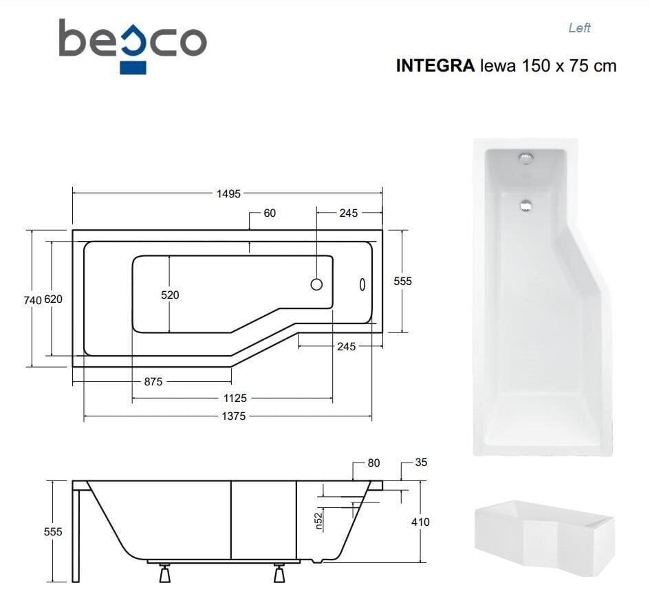 Vonia Besco Integra su viimeistelyllä, 150x75 cm, vasenkätinen hinta ja tiedot | Kylpyammeet | hobbyhall.fi