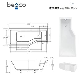 Vonia Besco Integra lasiseinällä, 150x75 cm, vasenkätinen hinta ja tiedot | Kylpyammeet | hobbyhall.fi