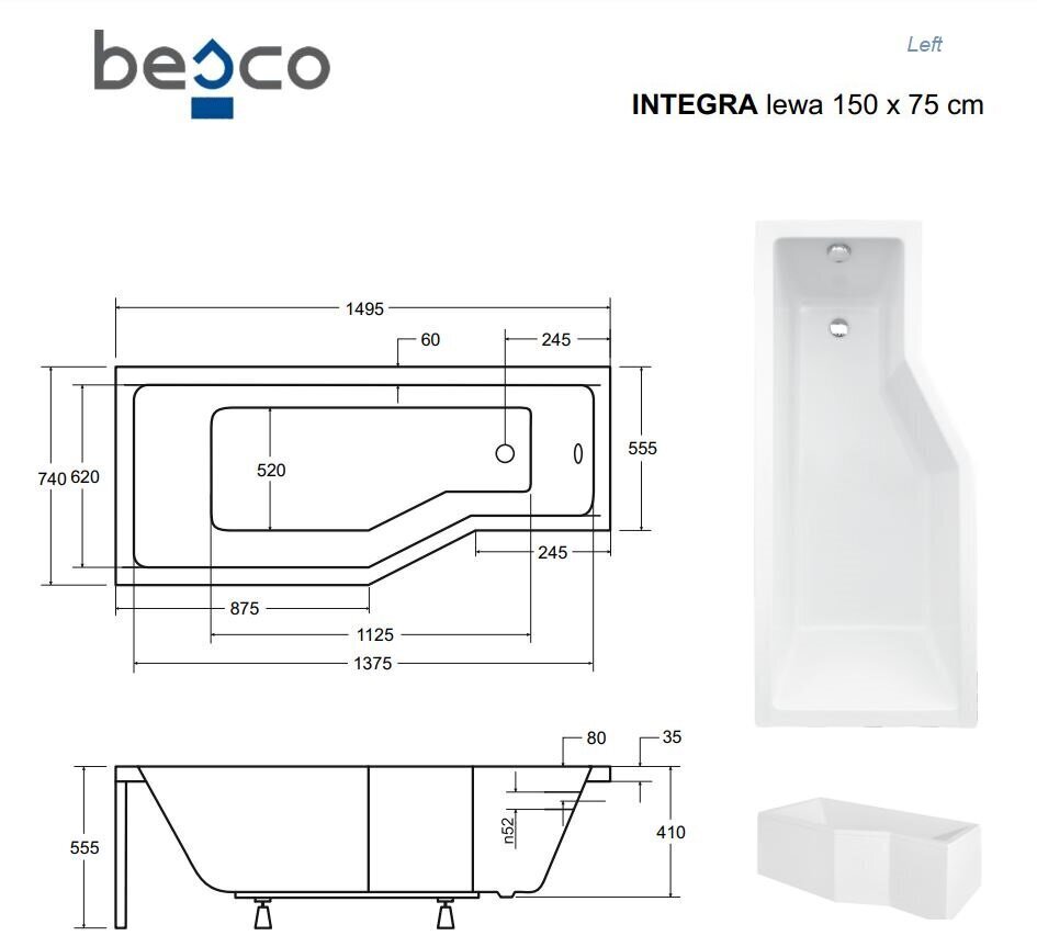 Vonia Besco Integra lasiseinällä, 150x75 cm, vasenkätinen hinta ja tiedot | Kylpyammeet | hobbyhall.fi