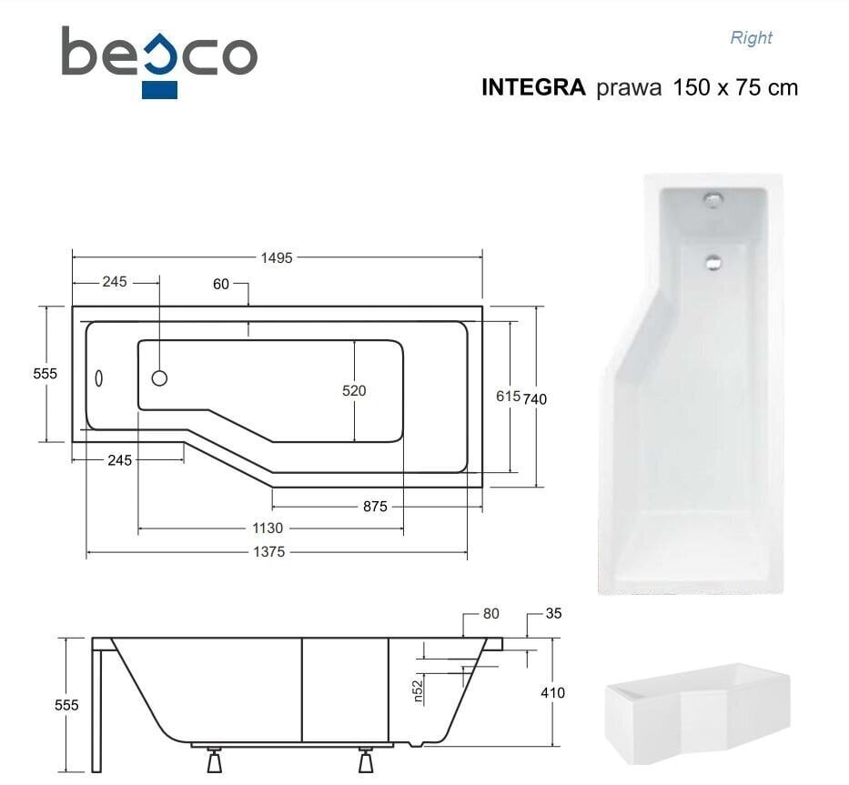 Vonia Besco Integra lasiseinällä, 150x75 cm, oikeakätinen hinta ja tiedot | Kylpyammeet | hobbyhall.fi