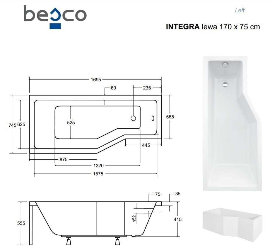 Kylpyamme Besco Integra lasiseinällä, 170x75 cm, vasenkätinen hinta ja tiedot | Kylpyammeet | hobbyhall.fi