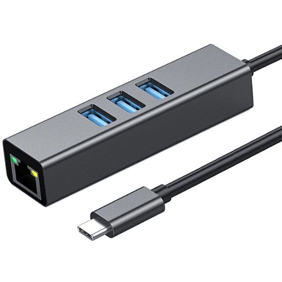 Sovitin HUB 3.0, 3 porttia, USB-C - USB 3.0 + Ethernet RJ45 Gigabit 1000 Mt Windowsille, MacO:ille, Linuxille hinta ja tiedot | Adapterit | hobbyhall.fi