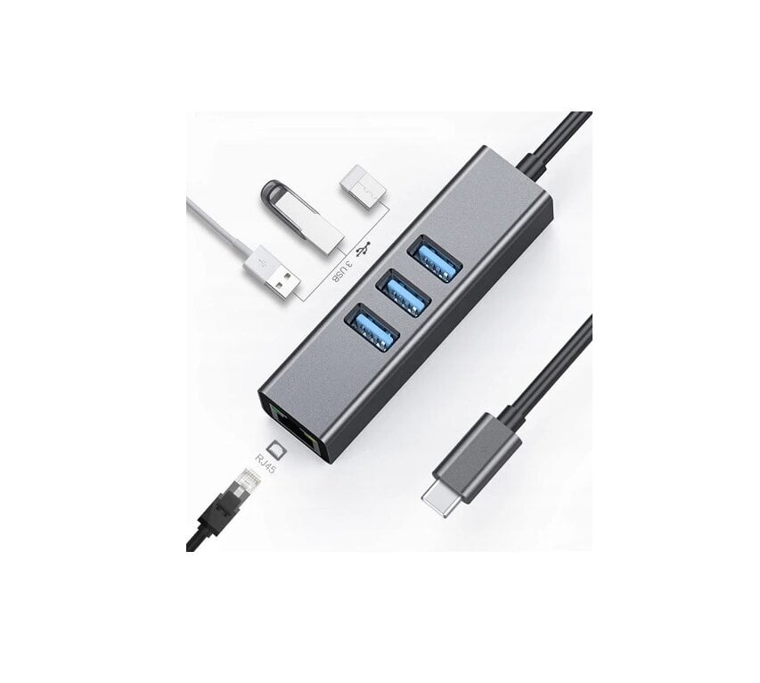 Sovitin HUB 3.0, 3 porttia, USB-C - USB 3.0 + Ethernet RJ45 Gigabit 1000 Mt Windowsille, MacO:ille, Linuxille hinta ja tiedot | Adapterit | hobbyhall.fi