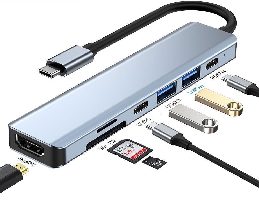 Splitter Hub 7in1 -sovitin USB-C / HDMI / Microsd / 4K UHD hinta ja tiedot | Adapterit | hobbyhall.fi