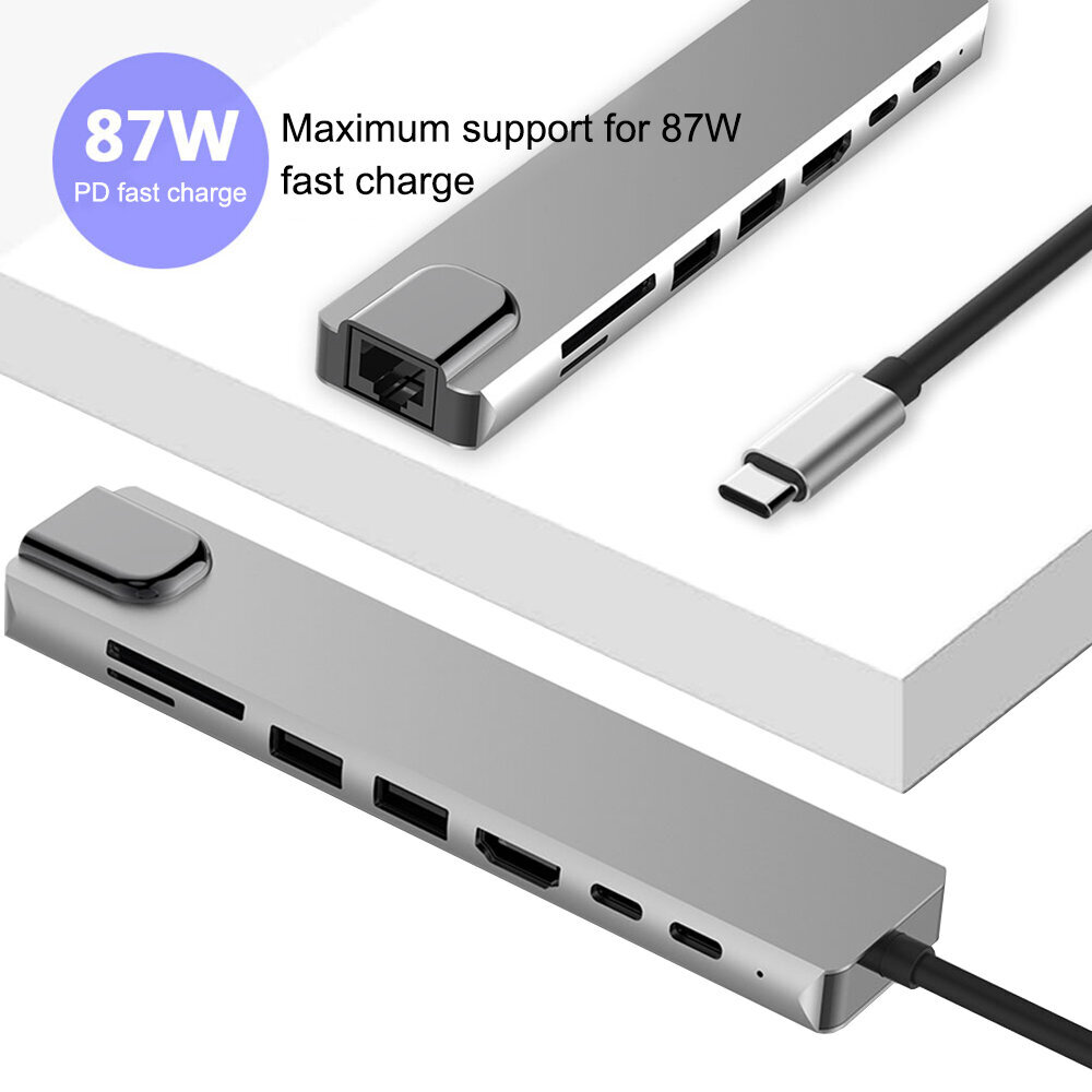 Splitter Hub 8in1 -sovitin USB C x2 / USB 3.0 x2 / RJ45 / HDMI / SD-kortinlukija / TF-kortinlukija hinta ja tiedot | Adapterit | hobbyhall.fi