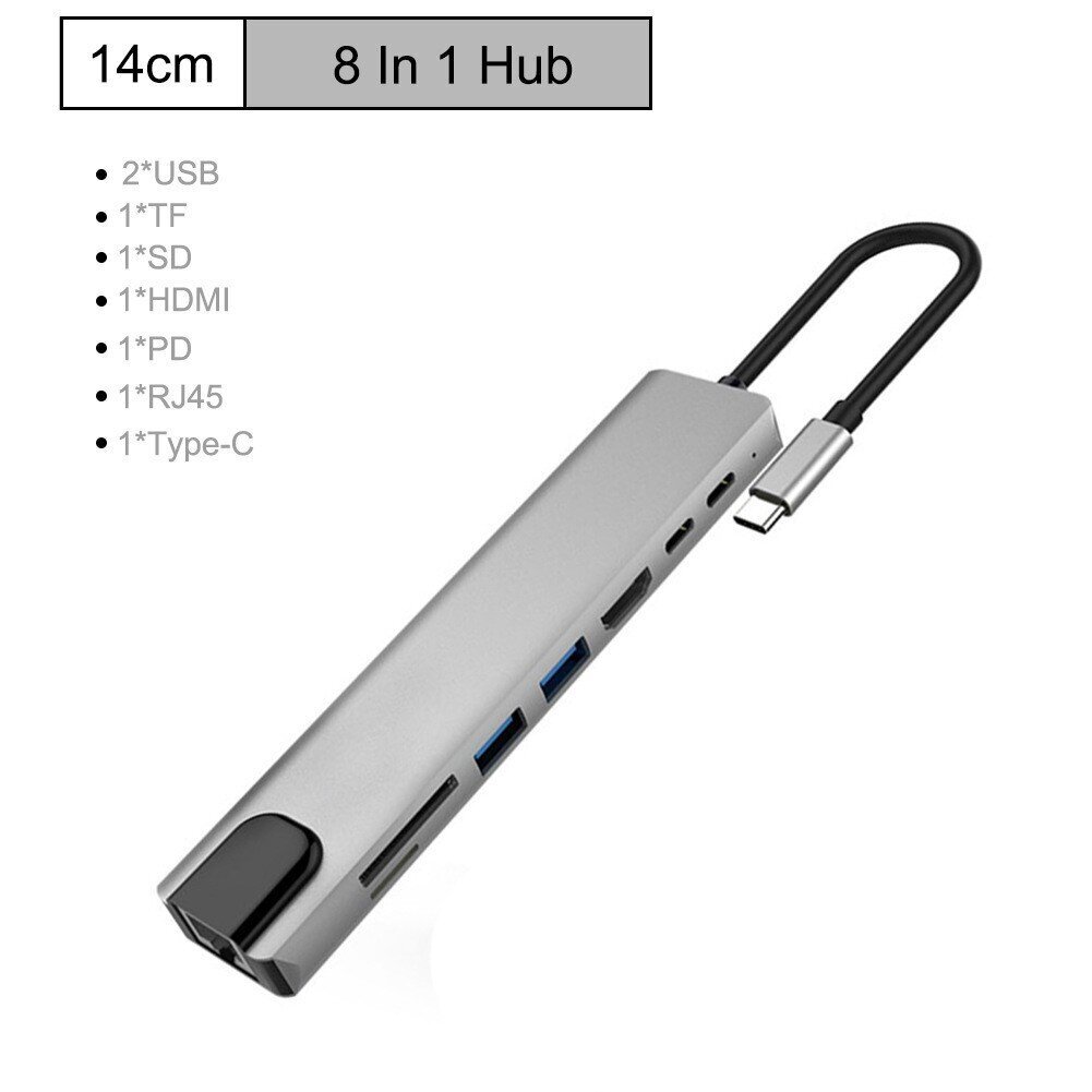 Splitter Hub 8in1 -sovitin USB C x2 / USB 3.0 x2 / RJ45 / HDMI / SD-kortinlukija / TF-kortinlukija hinta ja tiedot | Adapterit | hobbyhall.fi