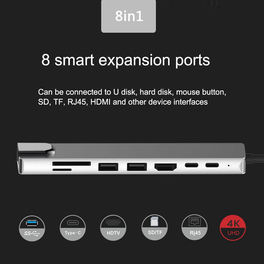 Splitter Hub 8in1 -sovitin USB C x2 / USB 3.0 x2 / RJ45 / HDMI / SD-kortinlukija / TF-kortinlukija hinta ja tiedot | Adapterit | hobbyhall.fi