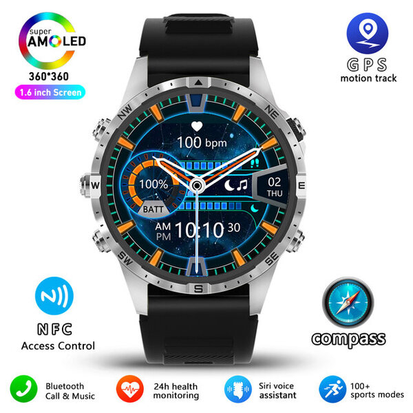 Outdoor Compass Smart Watch Aikuisten GPS Tracker 5 Keys 1,6 tuuman 360*360 HD-näyttö Bluetooth Call SmartWatch Android IOS