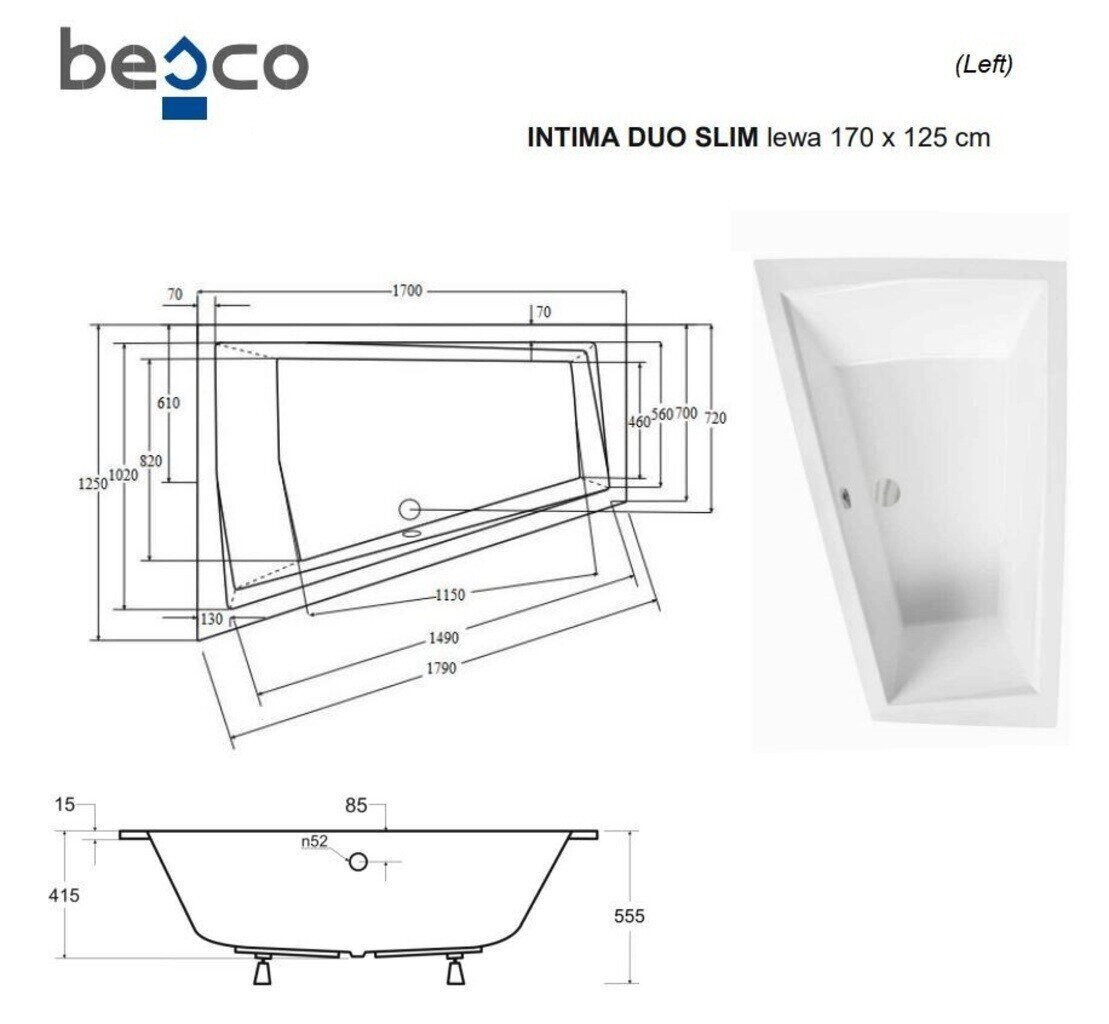 Kylpyamme Besco Intima Duo Slim, 170x125 cm, vasen hinta ja tiedot | Kylpyammeet | hobbyhall.fi