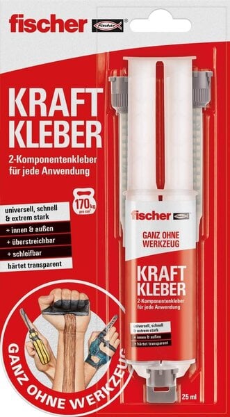 Fischer Kraftkleber, 2-komponentti liima läpinäkyvässä, universaalisessa liimassa jokaiselle sovellukselle, sisä- ja ulkopuolelle, luotettava korjausputki, 25 ml, 545865