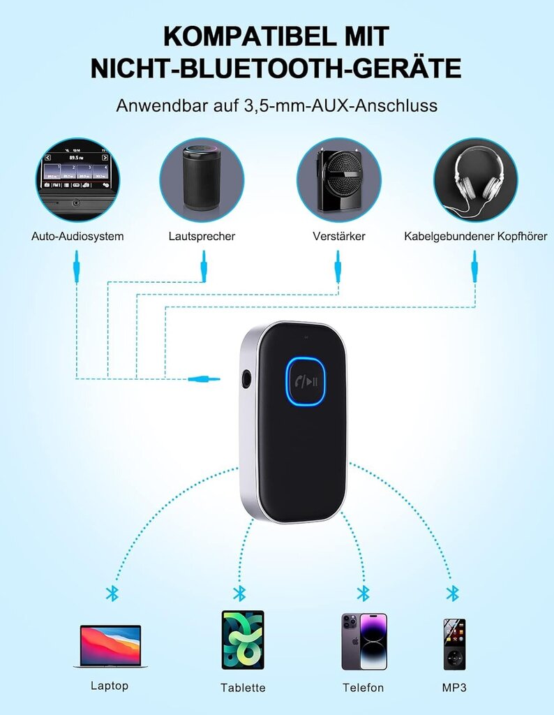 Bluetooth-sovitin automaattinen, päivitys Bluetooth 5.0 melunvaimennus 3,5 mm: n aux-Bluetooth-sovitin, 16H valmiustilassa Bluetooth-sovitin aux auton audiojärjestelmälle, kuulokkeet, kaiuttimet, stereovahvistin hinta ja tiedot | Adapterit | hobbyhall.fi