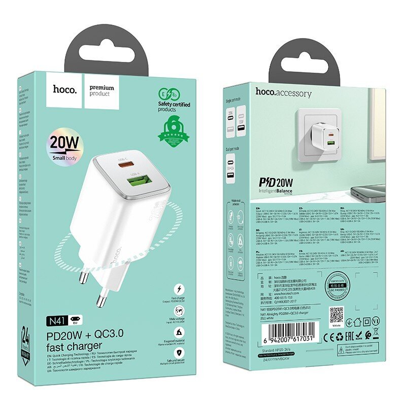 Laturi Hoco N41 USB-A/USB-C PD20W+QC3.0 valkoinen hinta ja tiedot | Puhelimen laturit | hobbyhall.fi