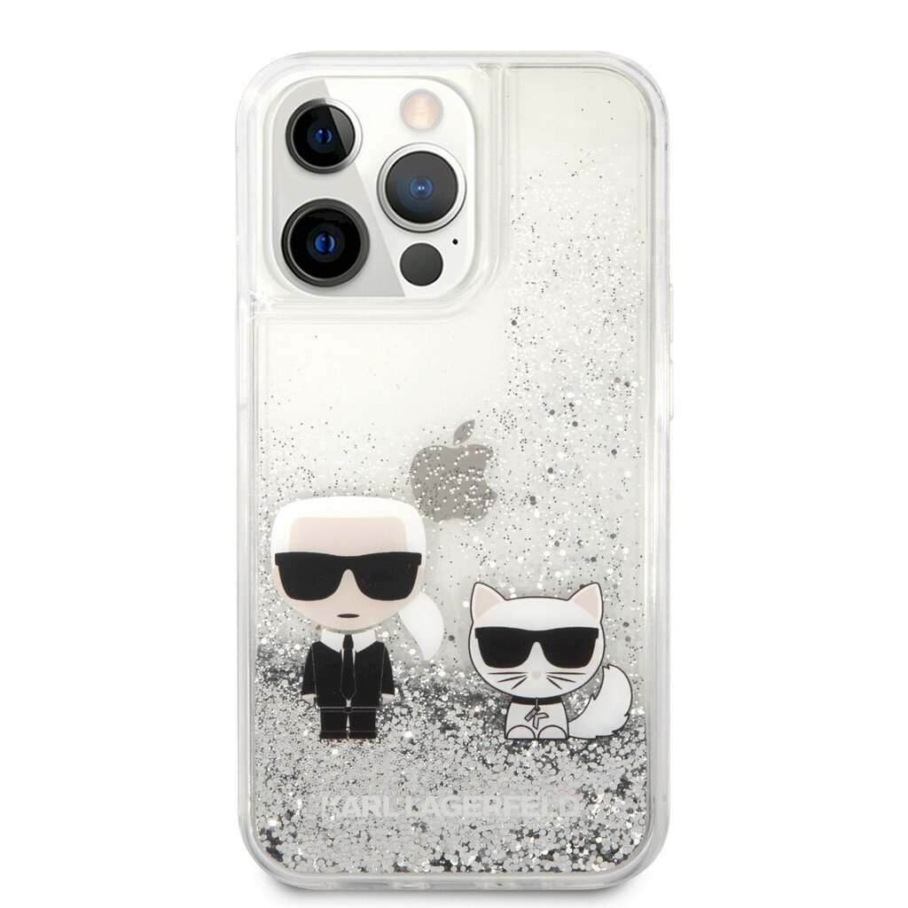KLHCP13XGKCS Karl Lagerfeld Liquid Glitter Karl and Choupette -kotelo iPhone 13 Pro Max Silver. hinta ja tiedot | Puhelimen kuoret ja kotelot | hobbyhall.fi