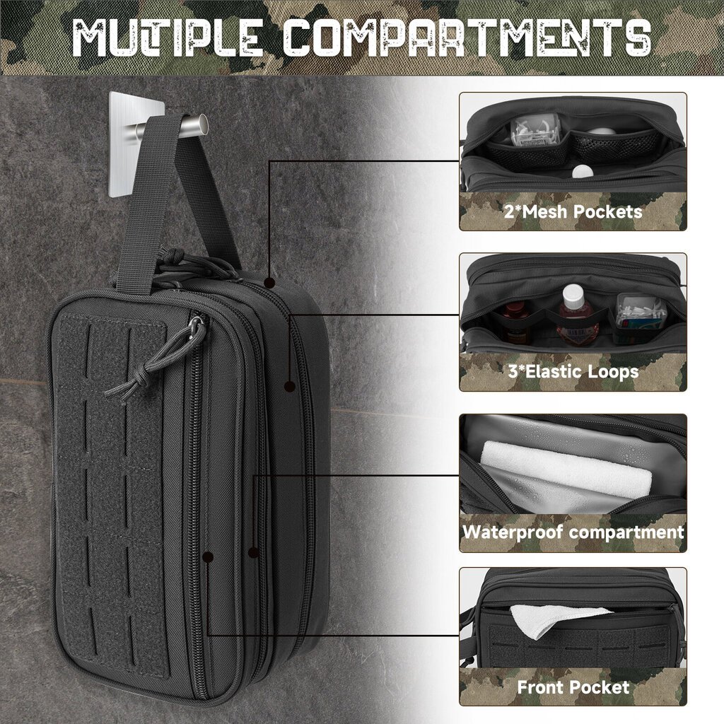 QT&QY Tactical Swimming Toyness Bag miehille Hygienialaukku Military Tool Molle Small Dopp Kit Miesten parranajopakkaus MatkasuihkulaukkuMusta Camo hinta ja tiedot | Urheilukassit ja reput | hobbyhall.fi