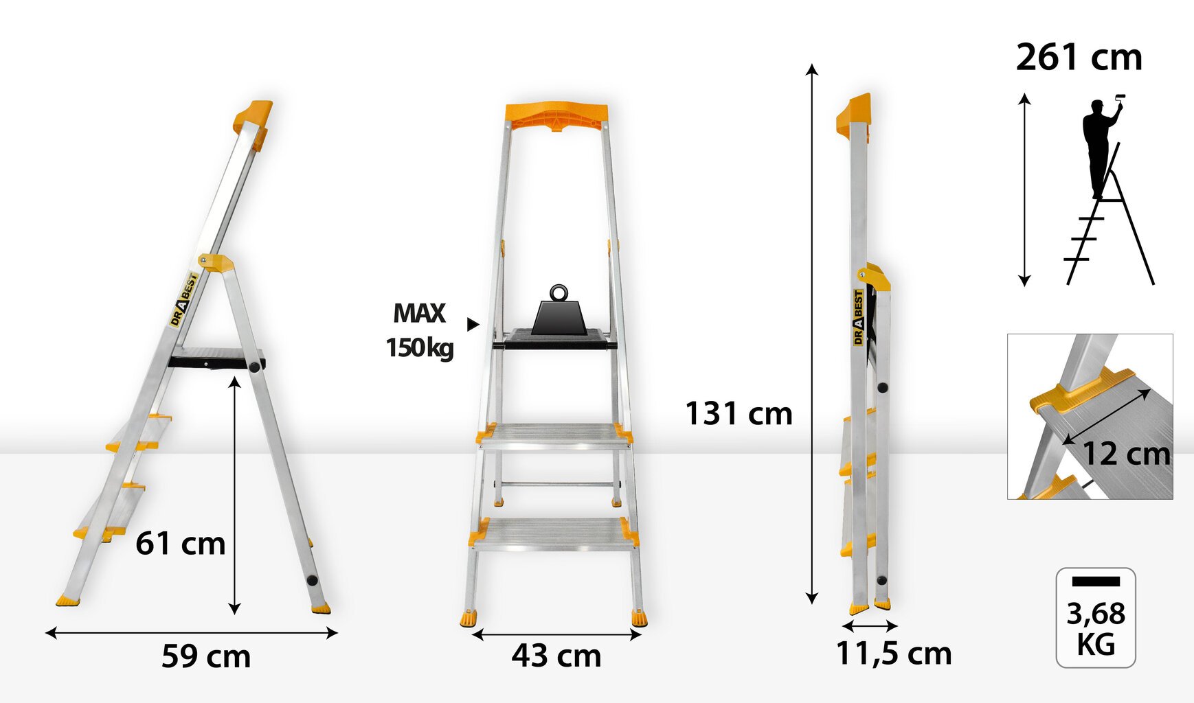 Yksipuoliset alumiinitikkaat Drabest MAX, 3 askelmaa, 150 kg hinta ja tiedot | Tikkaat | hobbyhall.fi