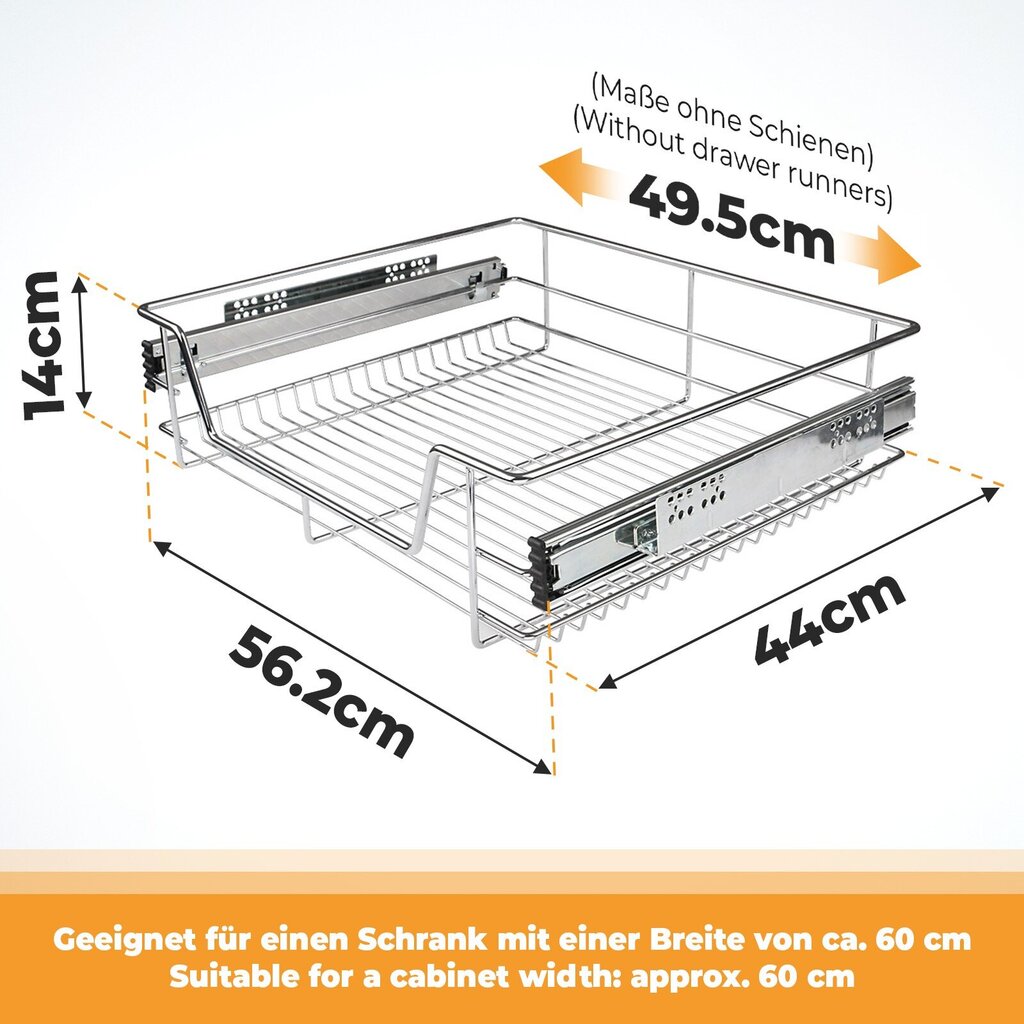 Teleskooppinen laatikko - 60 cm, 3 kpl sarja, sisältää kiskot, kaapin leveydelle 30, 40, 50 tai 60 cm, kromattu, keittiölaatikko. hinta ja tiedot | Vuodevaatelaatikot | hobbyhall.fi